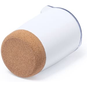 An insulated travel mug in white with a cork base and a clear rim, featuring a logo.