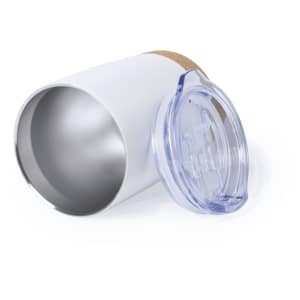 A drink bottle with a white exterior, cork base, and a clear lid, featuring an insulated design.