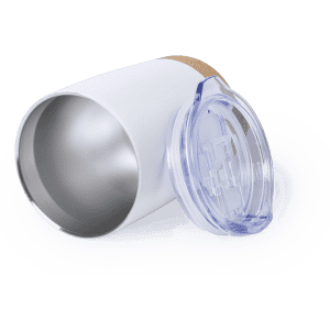 A drink bottle in white with a cork bottom and transparent lid, featuring a metallic interior.