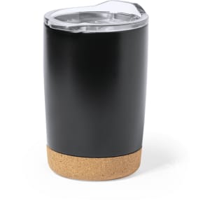 A drink bottle featuring a black insulated body with a cork base and a clear lid. It has a logo.