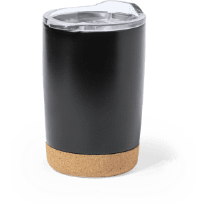A black insulated cup with a cork base and a transparent lid, featuring a logo.