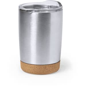 A drink bottle with a stainless steel body and a cork base, featuring a clear lid and a sleek design.