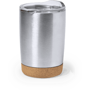 A drink bottle featuring a silver stainless steel body with a cork base and a clear lid, branded with a logo.