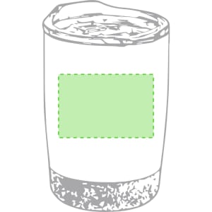 An insulated travel mug in white with a green branding area at the front and a textured silver base.