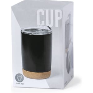 A drink bottle with a double-wall design, featuring a black body and a cork base, packaged in a box.