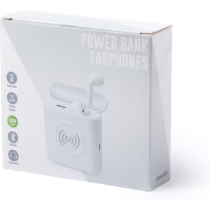 A white box containing earphones with a power bank feature, featuring a logo on the design.