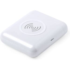 A white power bank with a wireless charging pad on top, featuring a small port on the side and a logo.