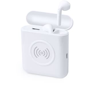 A white power bank with earphones stored inside, featuring a wireless charging symbol and a logo on the front.