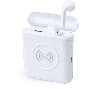 A white power bank with earphones stored inside, featuring a logo on the front.