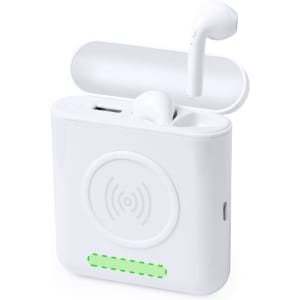 A white power bank with earphones, featuring a wireless charging symbol and a green indicator light.