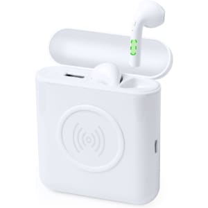 A white power bank with earphones stored inside, featuring a wireless charging symbol and a logo.