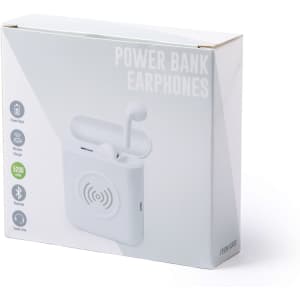 A white box containing power bank earphones with a logo on the front. The design is sleek and modern.