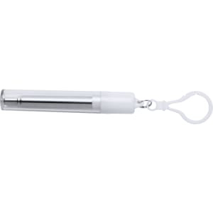 A drinking straw in a silver and white casing with a keychain loop, featuring a branding logo.