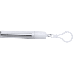 A drinking straw in a transparent case, featuring a white cap and a looping attachment. The straw is metallic.