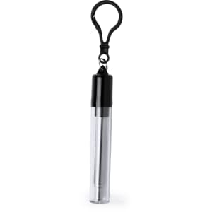 A transparent drink straw with a black top, featuring a clip for attachment. Ideal for on-the-go use.