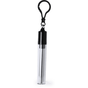 A drinking straw in silver with a black top and a clip attachment, placed on a white base.