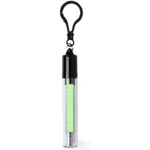 A clear, cylindrical drink straw in a holder with a black clip, featuring a vibrant green section inside.