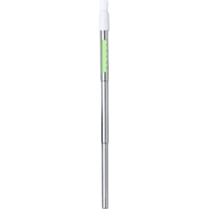 A stainless steel drinking straw with a white top and a bright green section, featuring a logo.