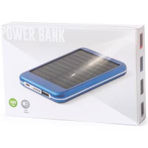 A blue power bank with a solar panel design, displayed in a box with multiple ports and a branding logo.