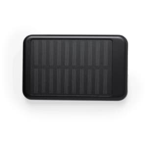 A black power bank with a textured surface and solar panel stripes. It features a logo on the top.