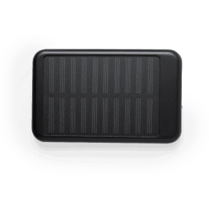 A black power bank with a textured solar panel surface and a sleek design. It features a logo.