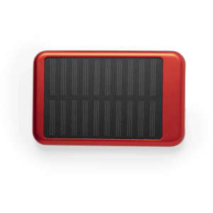 A red power bank with a solar panel top, featuring a sleek design and a logo.
