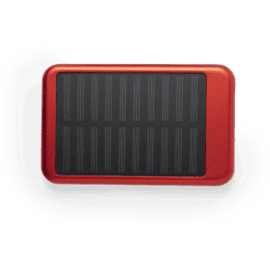 A red power bank with a textured black solar panel on top, featuring a logo.