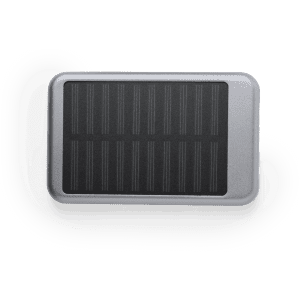 A silver power bank with a textured black solar panel on the top, featuring a logo on its surface.