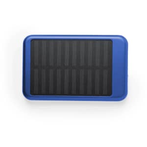 A blue power bank features a textured solar panel surface. It has a minimalist design and includes a branding element.
