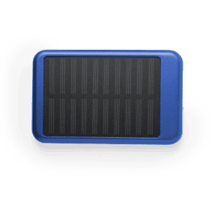 A blue power bank featuring a solar charging panel on top, designed for portable device charging.