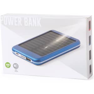 A blue power bank with a solar panel design, packaged in a box featuring a logo.