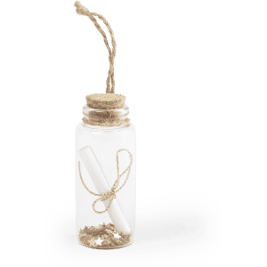 A glass bottle with a cork lid, featuring a twine handle, filled with star-shaped confetti and a rolled parchment inside.