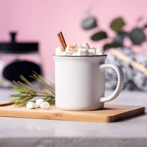 A white coffee mug with a handle, filled with mini marshmallows and a cinnamon stick, set on a wooden board.