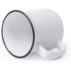 A white coffee mug with a black rim and handle, featuring a logo.