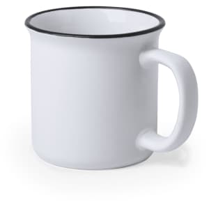 A white coffee mug with a black rim and handle, featuring a logo on the side.