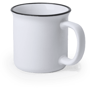 A white coffee mug with a black rim and a sturdy handle; features a branding logo.