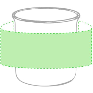 A coffee mug in a simple design with a green band. The mug features a logo on one side.
