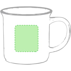 A white ceramic coffee mug with a handle, featuring a green dashed outline for custom branding.