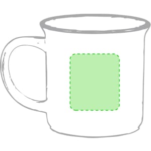 A white coffee mug with a rounded shape and a branded logo area outlined in green.