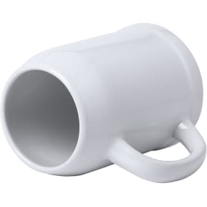 A white beer mug with a curved handle and a smooth, glossy finish. It has a simple design without any logos.