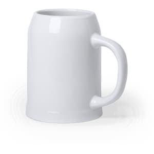 A white ceramic beer mug featuring a sturdy handle and a smooth surface, with a logo displayed.