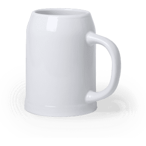 A white beer mug with a sturdy handle and a smooth, glossy finish. The mug features a logo.