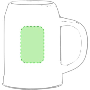 A beer mug featuring a simple design with a handle and a blank space for branding, outlined in green.