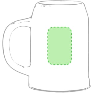 A beer mug in a clear design with a green rectangular space for customisation. The mug features a handle.