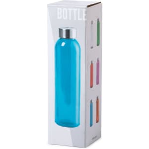 A drink bottle in a bright blue colour, packaged in a box displaying various other coloured bottles and a logo.