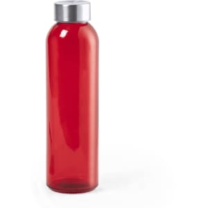 A drink bottle in vibrant red with a silver lid, featuring a simple design and a logo.