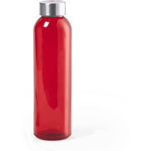 A drink bottle in bright red with a silver screw top lid, featuring a logo on the surface.