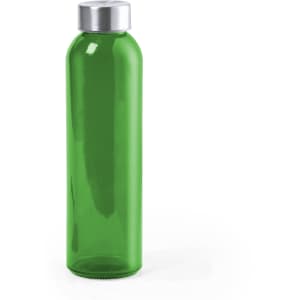 A drink bottle in a vibrant green colour with a silver metal lid, featuring a smooth, clear design.