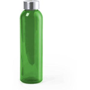 A drink bottle in green with a silver metallic cap and a simple design. It features a logo on the front.