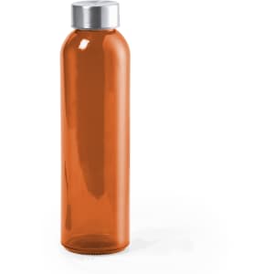 A drink bottle in a vibrant orange colour with a silver cap and a smooth, sleek design.